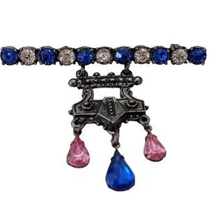 Silver Tone Blue Clear Rhinestone Art Deco Patriotic Charm Dangles Bar Pin, E673